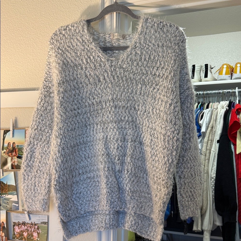 Altar’d State Soft Textured V-Neck Sweater in Light Gray